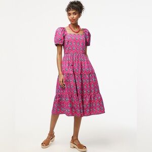 J. Crew Factory Tiered Puff Sleeve Midi Dress Pink Floral Block Print Size 6